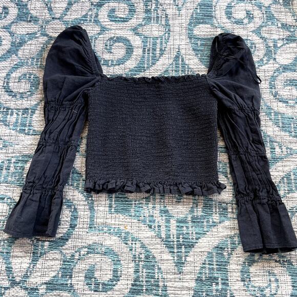 AQUA Black Smocked Square Neck Ruffle Crop Top - Size S - Picture 3 of 8